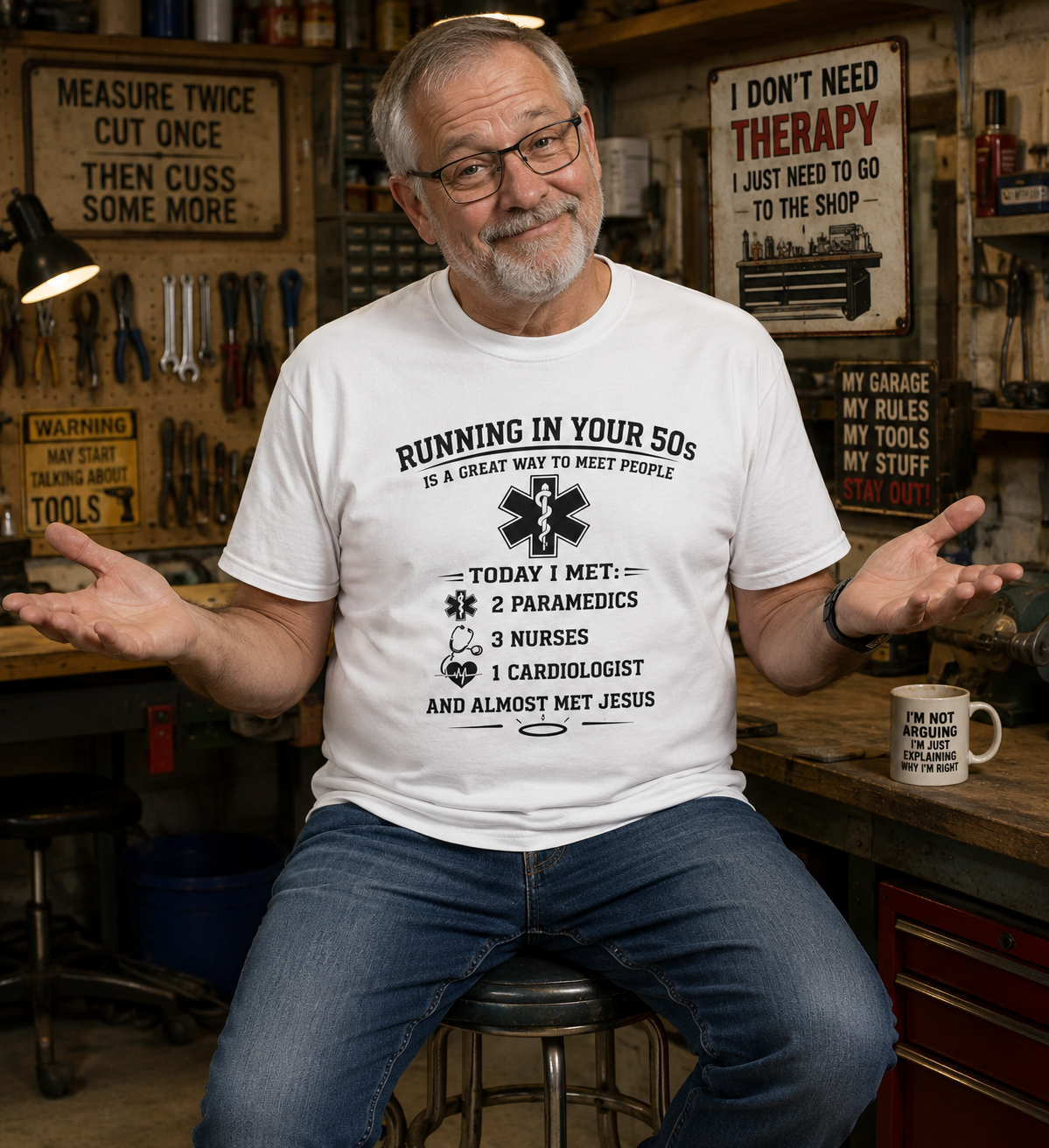 Running in Your 50s Funny T-Shirt in a workshop